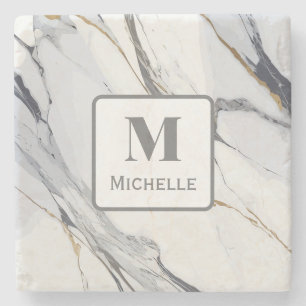 Posavasos De Piedra Mármol blanco y gris monograma personalizado