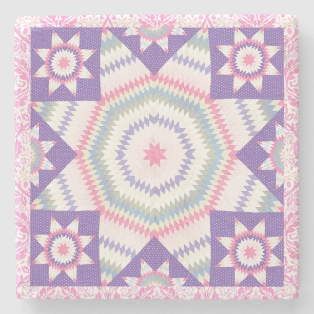 Posavasos De Piedra Mármol cuadrado de Quilt de estilo violeta rosado (Anverso)