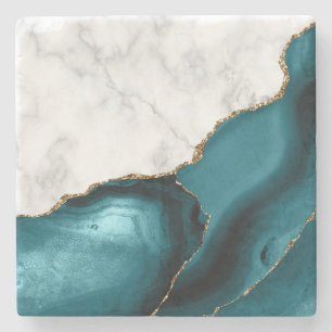 Posavasos De Piedra Mármol falso blanco con ágata teal y brillo dorado