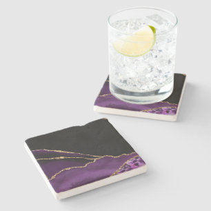 Posavasos De Piedra Mármol Negro Violeta Ágata Glamour Oscuro Dorado