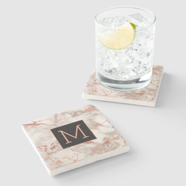 Posavasos De Piedra mármol negro y oro rosa monograma (Lateral)