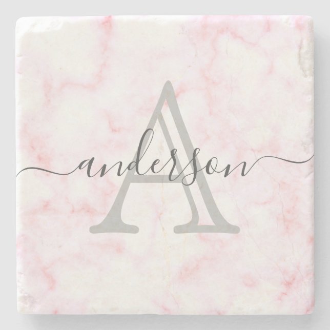 Posavasos De Piedra Mármol rosa y blanco | Script de monograma (Anverso)
