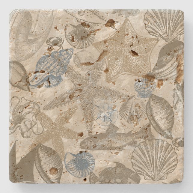 Posavasos De Piedra Marrón Beach Blue Shells Ocean (Anverso)