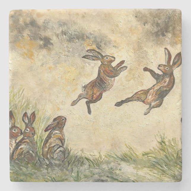 Posavasos De Piedra Meadow Matchup Playful Hares in a Meadow  (Anverso)