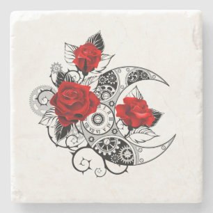 Posavasos De Piedra Media luna mecánica con rosas rojas