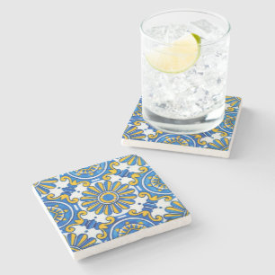 Posavasos De Piedra Mediterranean Sunburst Blue and Gold Floral Mosaic