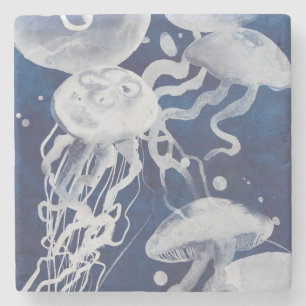 Posavasos De Piedra Medusas en fondo azul marino