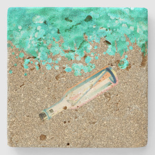 Posavasos De Piedra Mensaje de playa en una botella orilla océano y ar