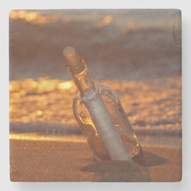 Posavasos De Piedra mensaje en botella en la playa de atardecer (Anverso)