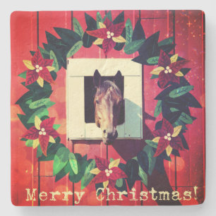 Posavasos De Piedra Merry Christmas Horse Red Barn