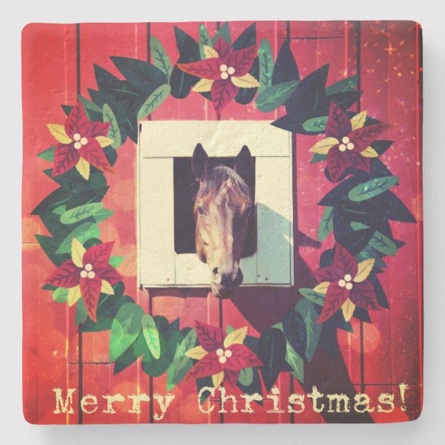 Posavasos De Piedra Merry Christmas Horse Red Barn (Anverso)