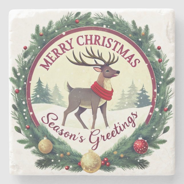 Posavasos De Piedra Merry Christmas –Majestic Winter Reindeer 🦌 (Anverso)