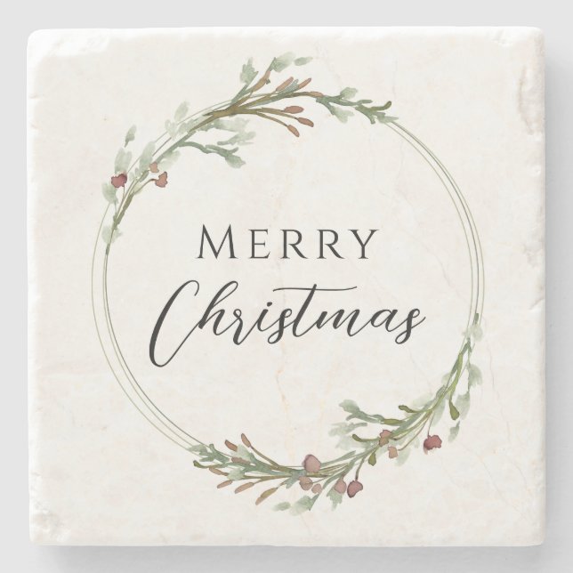 Posavasos De Piedra Merry Christmas Minimalist Wreath White (Anverso)