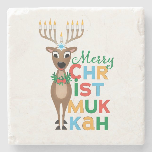 Posavasos De Piedra Merry Christmukkah Reindeer (Anverso)