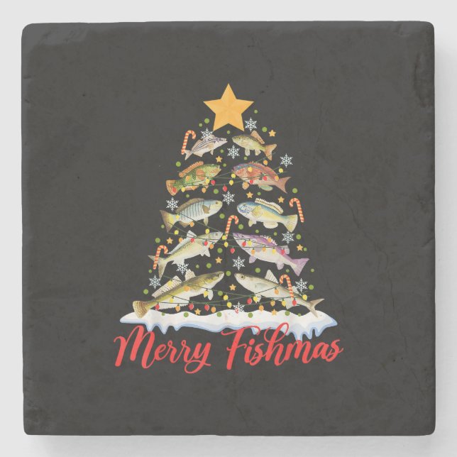 Posavasos De Piedra Merry Fishmas Divertido Árbol de Navidad Ilumina F (Anverso)