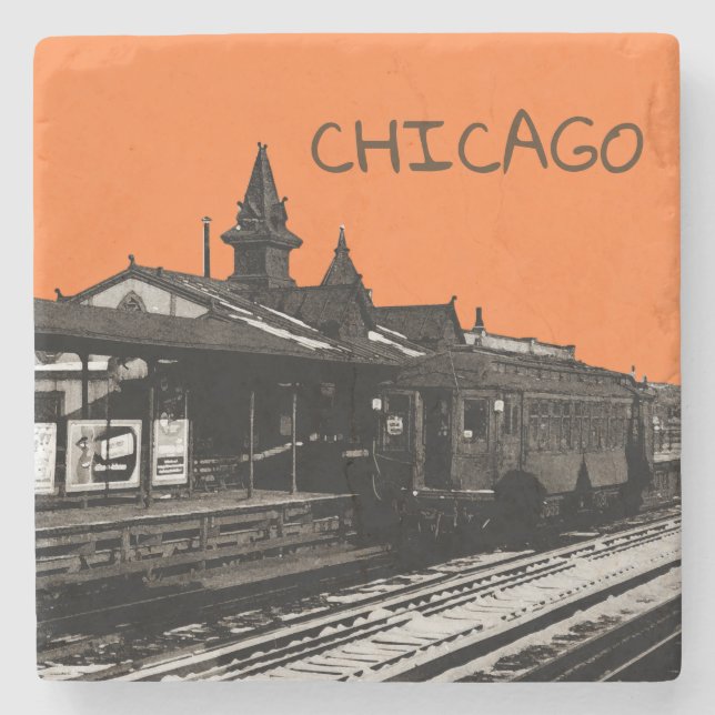 Posavasos De Piedra Metro de la Sepia con acuarela de Chicago L 1950 (Anverso)