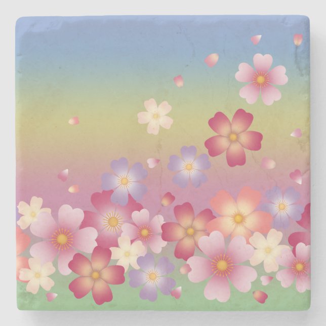 Posavasos De Piedra Mezcla de flores de sakura Kimono estilo arcoiris (Anverso)