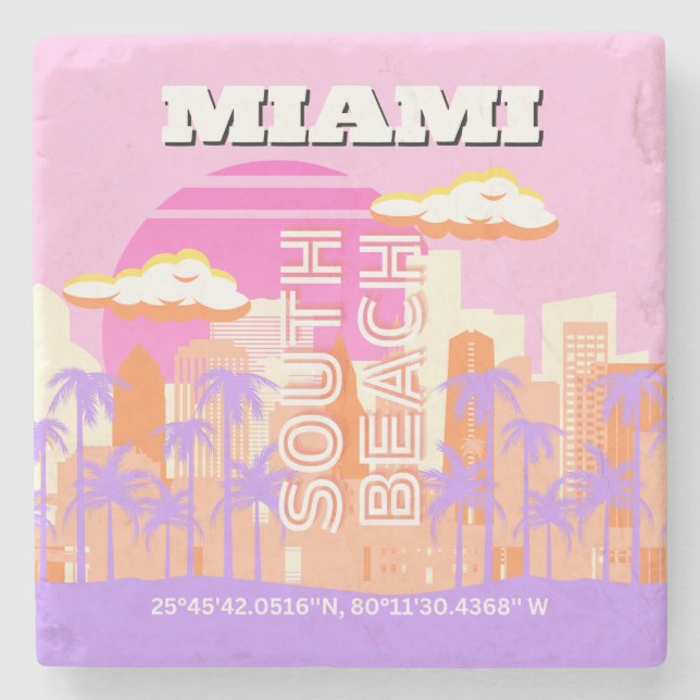 Posavasos De Piedra Miami Beach, Miami Travel Art, habitación Preppy,  (Anverso)