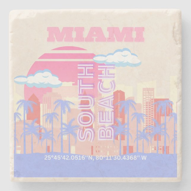 Posavasos De Piedra Miami Beach, Miami Travel Art, habitación Preppy,  (Anverso)