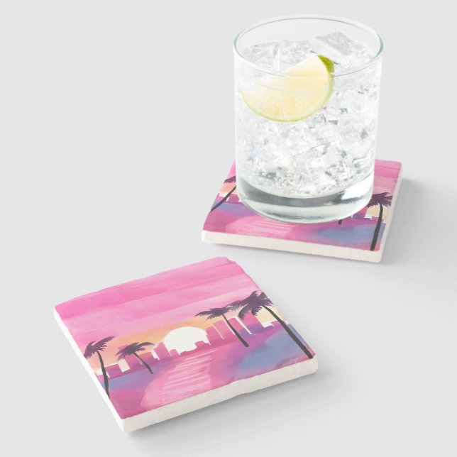 Posavasos De Piedra Miami in Pink | Bright Watercolor Painting (Lateral)