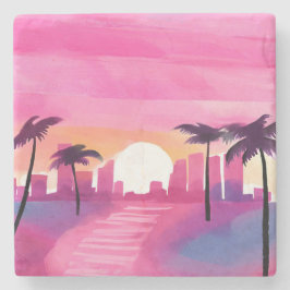 Posavasos De Piedra Miami in Pink | Bright Watercolor Painting