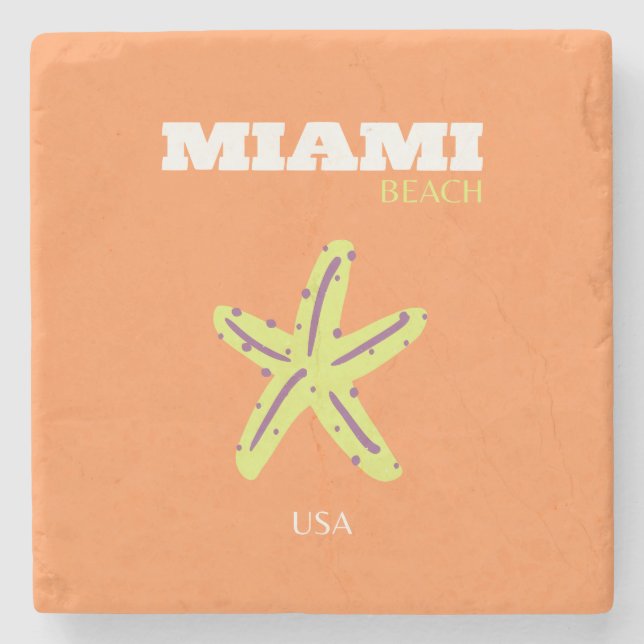 Posavasos De Piedra Miami, Miami Beach, Florida, Preppy, Naranja (Anverso)