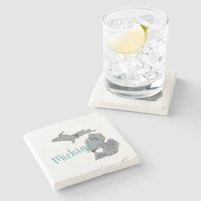 Posavasos De Piedra Michigan Floral Llenado Silhouette Con "Michigan" (Lateral)