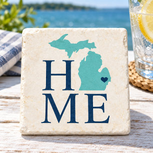Posavasos De Piedra Michigan Hogar Aqua Azul Marino Corazón de Ciudad