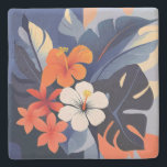 Posavasos De Piedra Mid-Century Modern Hawaiian Hibiscus and Plumeria<br><div class="desc">Periwinkle,  navy and orange colorway. Modern stylized hibiscus and plumeria flowers are composed on tropical leaves are on an abstract background. The design is reminiscent of the flowers used in vintage aloha shirts in the forties & fifties.  
This design comes in several colorways.</div>