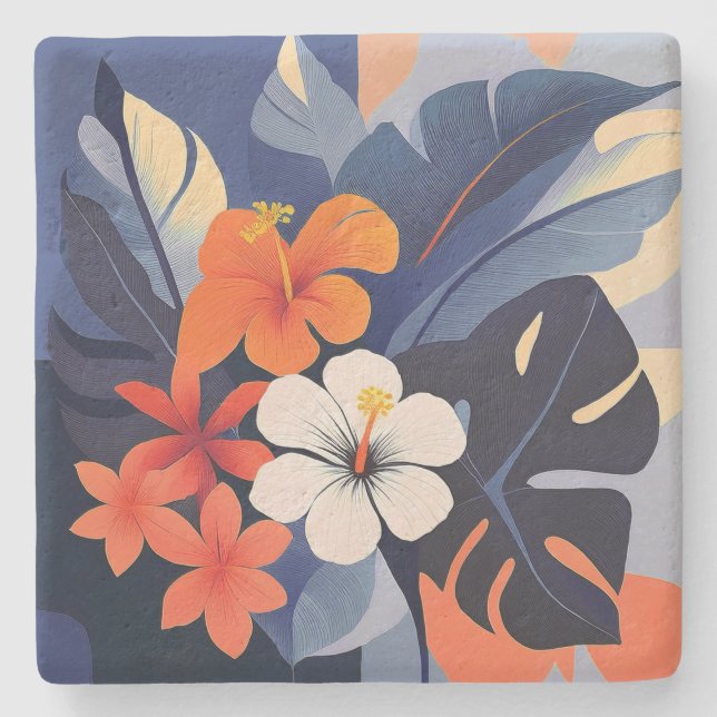 Posavasos De Piedra Mid-Century Modern Hawaiian Hibiscus and Plumeria (Anverso)