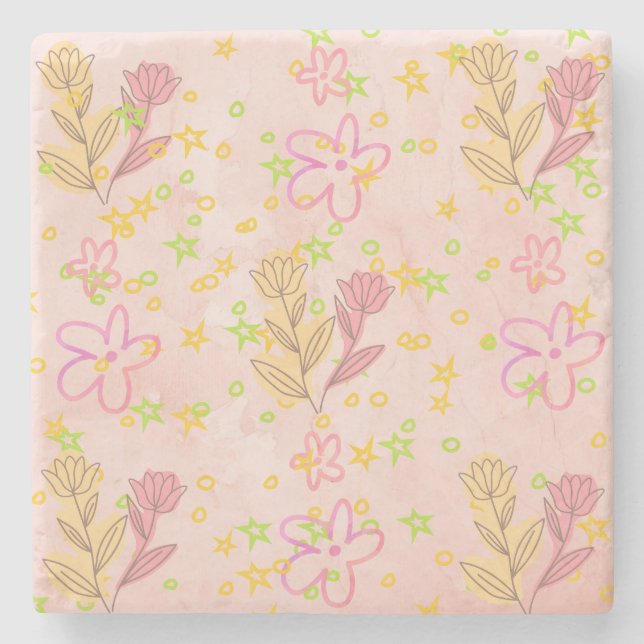 Posavasos De Piedra Minimal floral doodle pattern -pastel colour art  (Anverso)