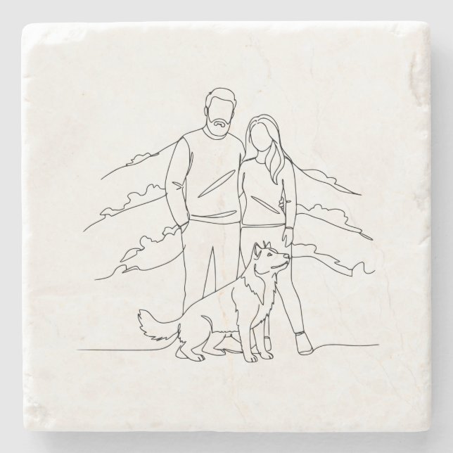 Posavasos De Piedra Minimalist Modern Couple with Dog Line Art Drawing (Anverso)
