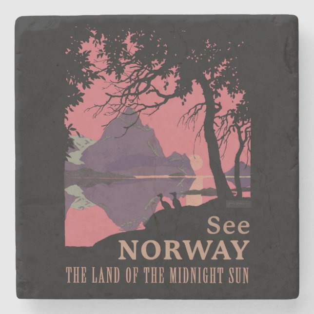 Posavasos De Piedra Minimalist Norway Sunset Poster - Mountain Fjord (Anverso)