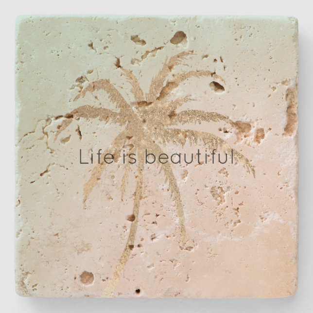 Posavasos De Piedra Mint Cream Ombre Tropical Gold Palm Trees (Anverso)