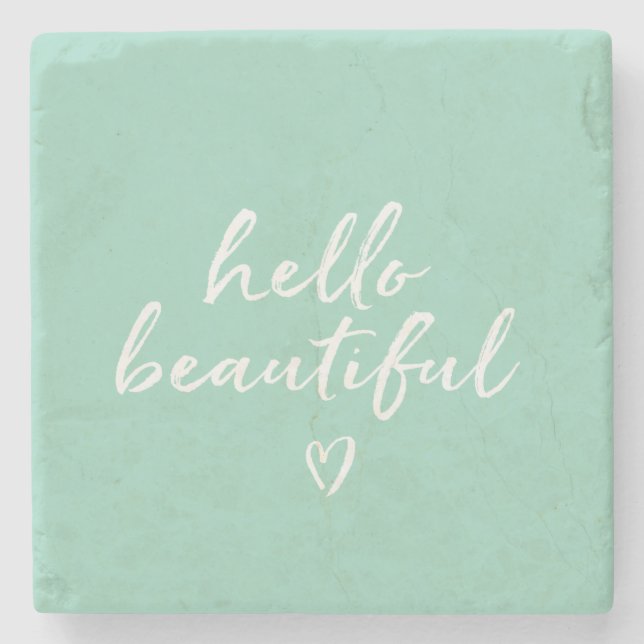 Posavasos De Piedra Mint White Hello Beautiful Inspirational Heart (Anverso)
