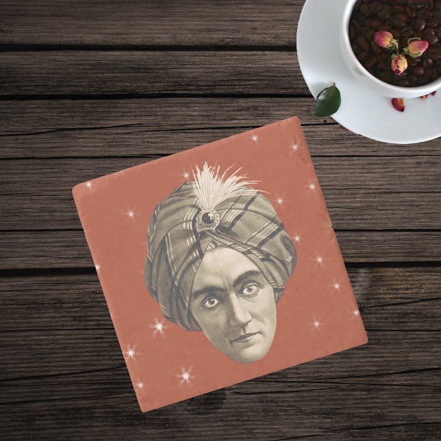 Posavasos De Piedra Misterioso fantasma mágico cabeza de genio cara tu (Head face of Magician man with turban on red with white stars stone drink coaster.)