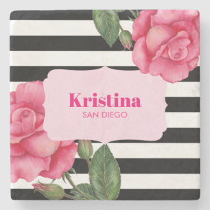 Posavasos De Piedra Moda acuarela rosas rosas rosadas franjas blancas 