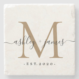 Posavasos De Piedra Moda Gold Monograma Script Nombres Boda Fecha