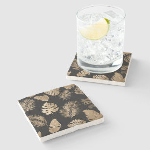 Posavasos De Piedra Moda Hojas Tropicales de Oro Negro