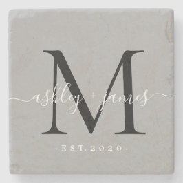 Posavasos De Piedra Moda Monograma Script Nombres Boda Fecha Gris
