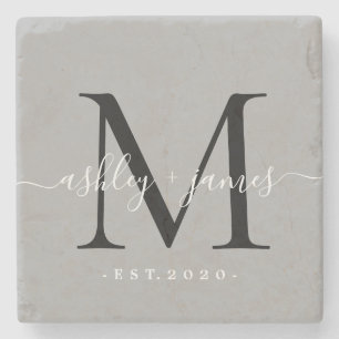 Posavasos De Piedra  Moda Monograma Script Nombres Boda Fecha Gris