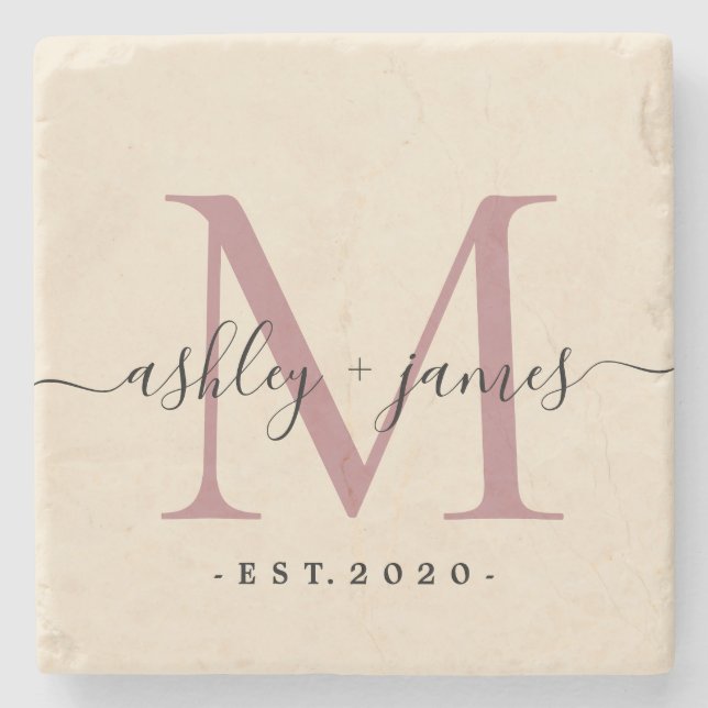 Posavasos De Piedra Moda Monograma Script Nombres Boda Fecha Ivory Sto (Anverso)