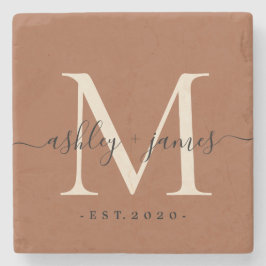 Posavasos De Piedra Moda Monograma Script TerraCotta Nombres Boda Fech