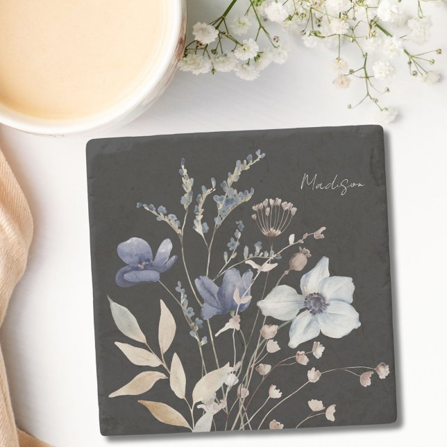 Posavasos De Piedra Moda monogramada Bonito acuarela Floral azul (In situ)