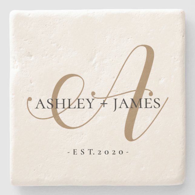 Posavasos De Piedra Moda Oro A Monograma Nombre Script Boda Fecha (Anverso)