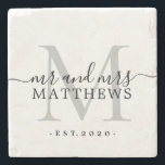 Posavasos De Piedra Moda Plata Monograma Script Nombre Boda Fecha<br><div class="desc">Moda, moderna tostadora de piedra monogramada negra con el texto mr y mrs y tu nombre y año casados establecidos en caligrafía de escritura negra y elegante a mano con letras con un monograma gris plateado. Simplemente agregue su nombre, monograma y año establecido debajo. Diseño elegante y regalo de lujo...</div>