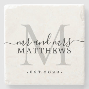 Posavasos De Piedra Moda Plata Monograma Script Nombre Boda Fecha