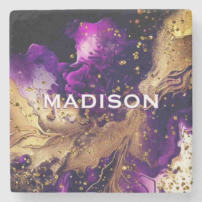 Posavasos De Piedra Moda purpurina de imitación de oro morado monogram (Anverso)
