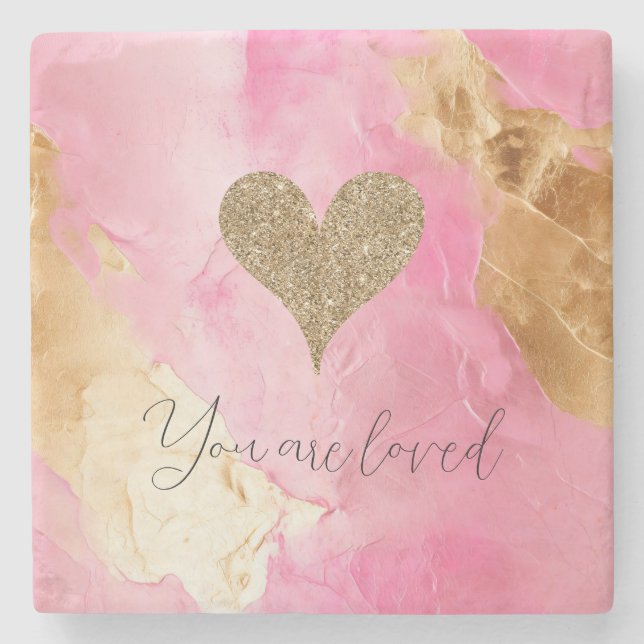 Posavasos De Piedra Moda Rosa Girly Glam Oro Purpurina Corazón (Anverso)