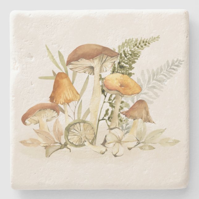 Posavasos De Piedra Moda Rústica Rústica Naranja Mushroom Fern Foliage (Anverso)